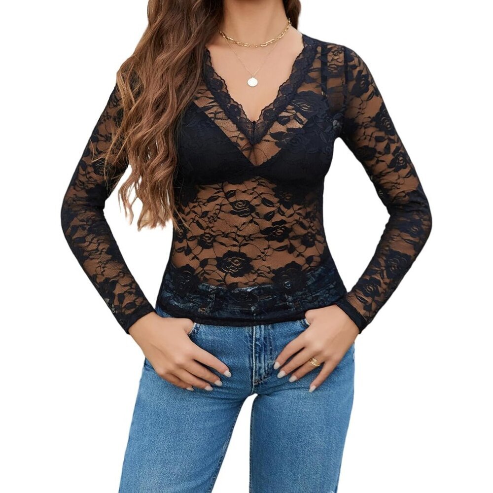 Women Mesh Top Sheer Lace Long Sleeve V-Neck Floral Blouse Under Shirts - Picture 2 of 8